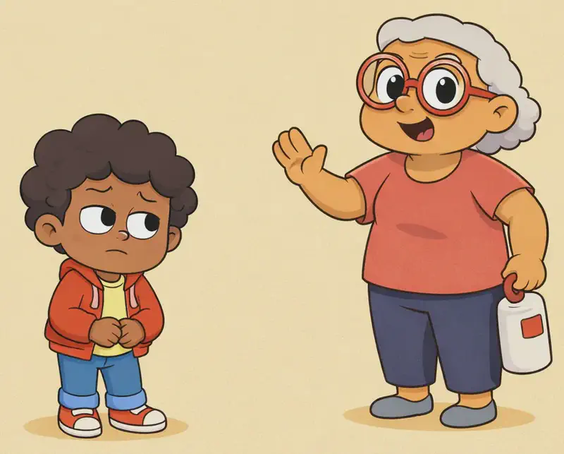 On the left side of the image, the child stands with a tired, slightly reluctant expression, hands clasped together in front, looking off to the side as if wanting to slip away to play. Nearby, Gran stands with a firm but warm expression, one hand on her hip and the other hand raised in a beckoning gesture, calling the child back to work. The scene is set against a plain, soft yellow background.