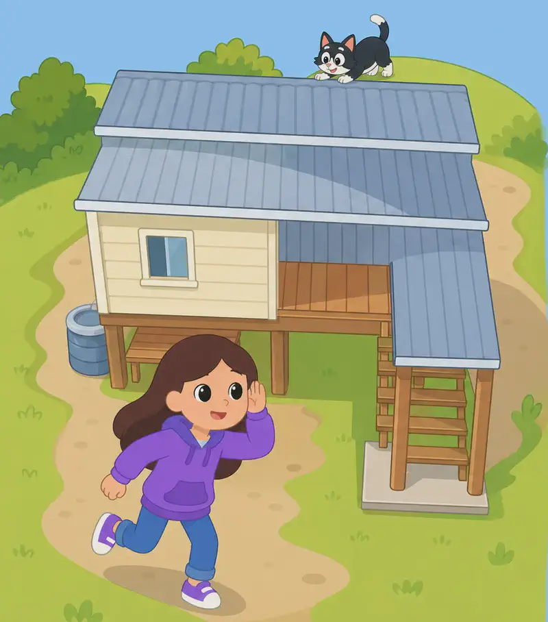 On the left side of the image, Girl stands at the front of a suburban house viewed from a high overhead angle, running toward the building with a searching, alert posture and one hand cupped near her ear as if listening. The house is a raised suburban home with a metal roof, wooden deck, and a ladder leading up to it, surrounded by a green lawn and a dirt path. Kit is visible sneaking along the far edge of the rooftop behind the house, completely out of Girl's line of sight. The right side of the image is open plain background. The scene is set outdoors on a bright, clear day.