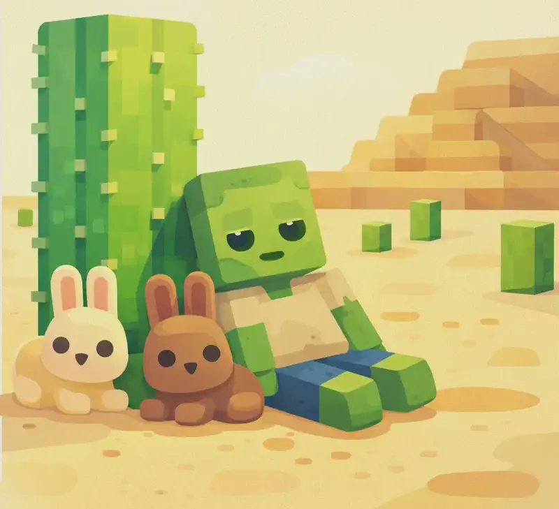 On the right side of the image, two or three blocky Minecraft-style desert animals — such as rabbits and a husk — rest in the shade of a tall cactus in a sandy desert biome, their bodies low to the ground as if conserving energy. The outdoor scene features sandy terrain, scattered small cacti, and a stepped sandstone hill in the background under a hazy, sunlit sky. The left side is a plain light-coloured text overlay area.