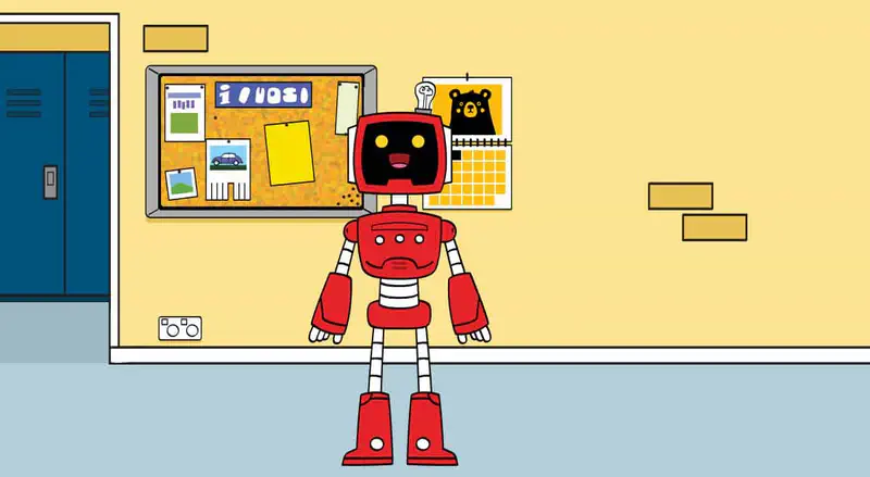 A red robot with yellow eyes stands alone in a room with blue lockers, bulletin board, and bear calendar.