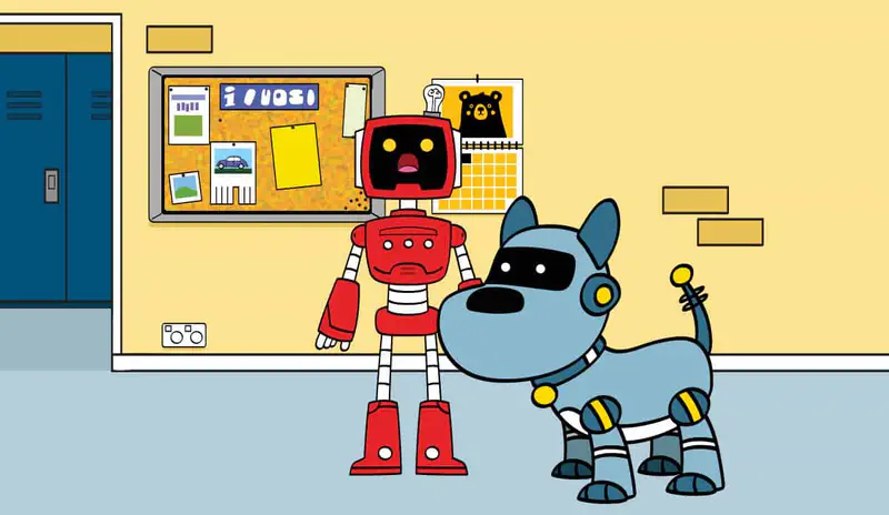 A red robot looks surprised as its blue robot dog has grown much bigger, now almost as tall as the robot.