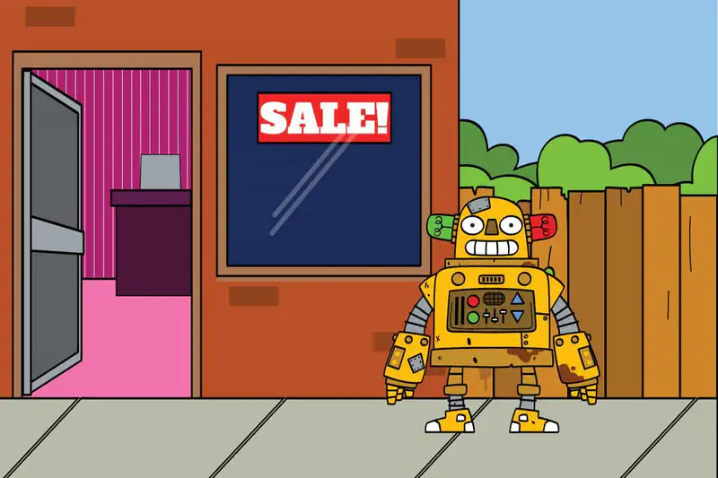 A yellow robot with colorful buttons stands outside a shop with a sale sign, wooden fence, and green bushes.