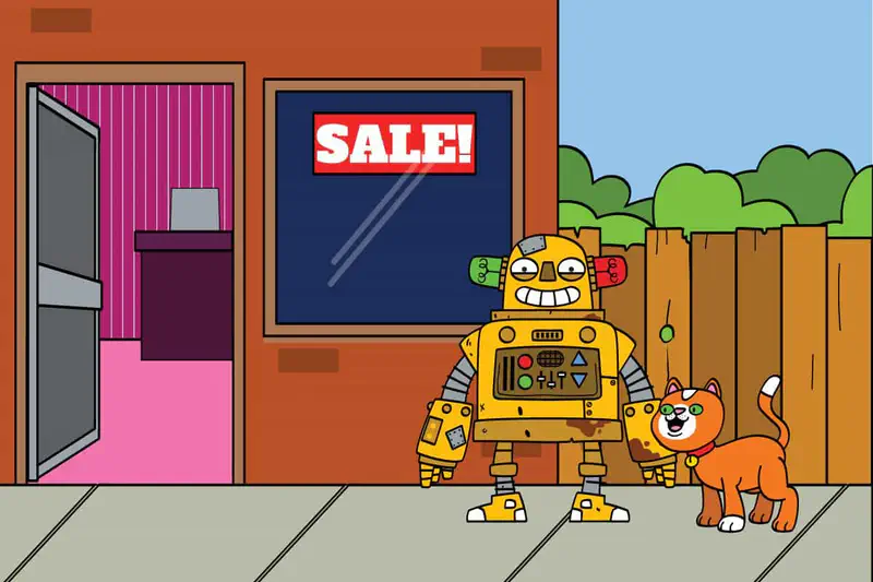 A smiling yellow robot stands with a happy orange cat outside a shop with a sale sign and wooden fence.