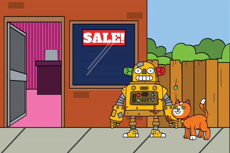 A yellow robot grins next to a content orange cat outside a shop with a sale sign and wooden fence.