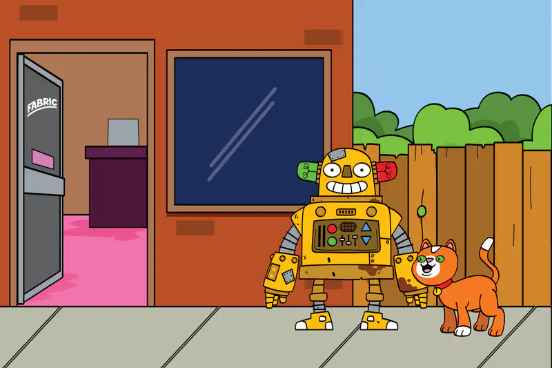 A yellow robot with wide eyes stands next to a happy orange cat with a collar outside a building.