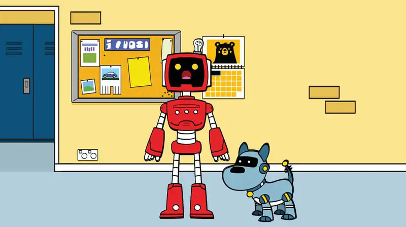 A red robot stands next to its small blue robot dog pet in a room with lockers and a bulletin board.
