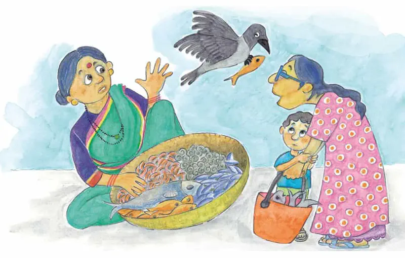 A crow snatches a fish at a market while a startled woman seller raises her hand and customers in saris watch.