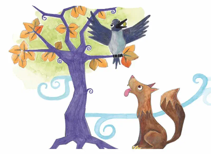 A crow perches in a purple tree with orange autumn leaves while a brown dog looks up with tongue out below.