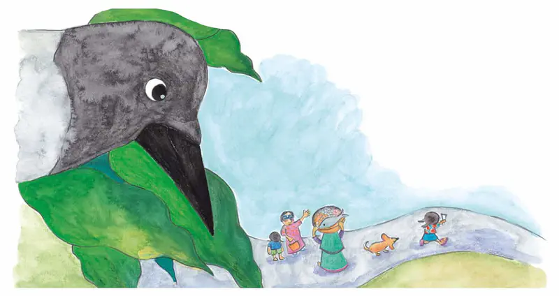 Close-up of a crow's face peeking through green leaves, watching people walk on a path below with a dog.