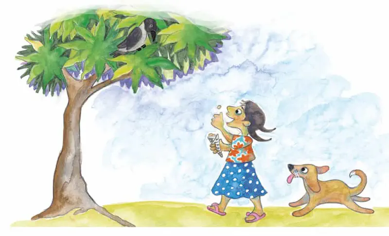 A crow watches from a tree as a girl eating ice cream walks with her dog below on a grassy path.