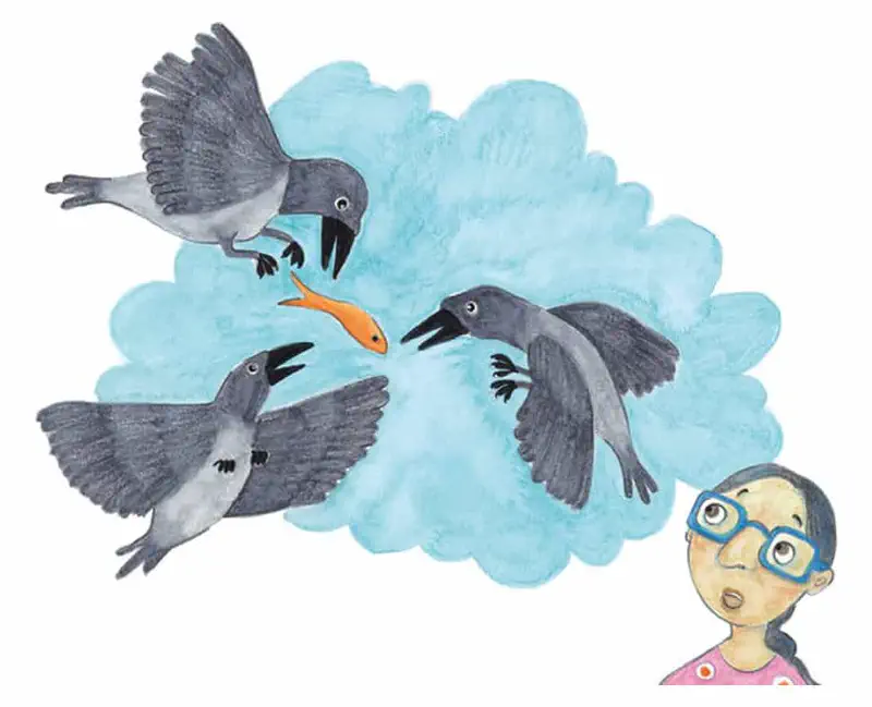 Three crows fight over an orange fish in the sky while a woman in glasses watches from below in surprise.