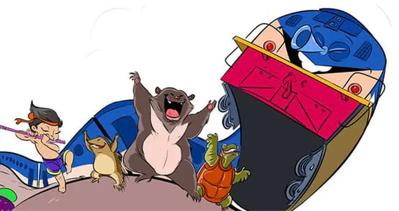 The happy train dances with forest animals: a bear, turtle, frog, and meerkat, while a boy plays the flute.