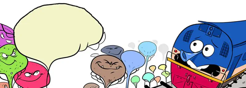 The blue train looks scared as colorful mean-faced trees and mushrooms surround it in a strange forest.