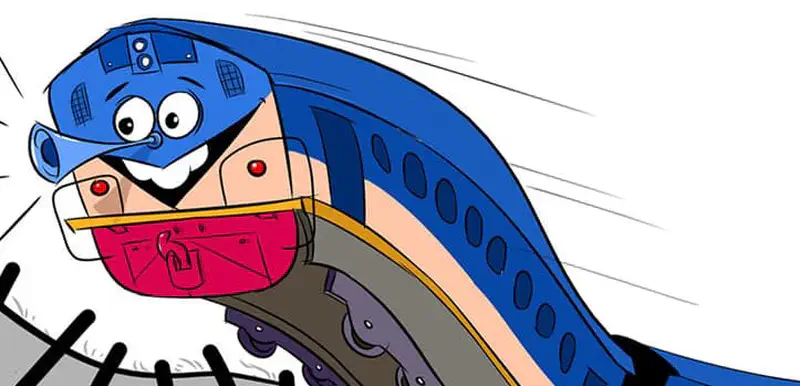 A close-up of the excited blue train with big eyes and a wide grin, speeding along the tracks with motion lines behind it.