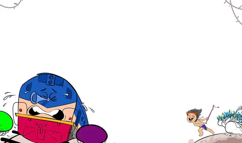 The blue train cries with tears flowing while a small boy playing a flute appears in the distance on a hill.