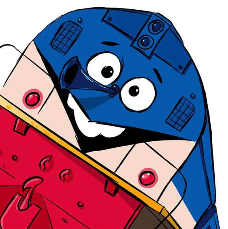 A happy blue train named Bam with big eyes and a wide smile, featuring a red front and yellow trim.