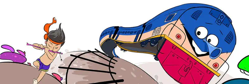 The train looks happy again as a boy with orange hair plays a flute, leading it over rocky terrain.