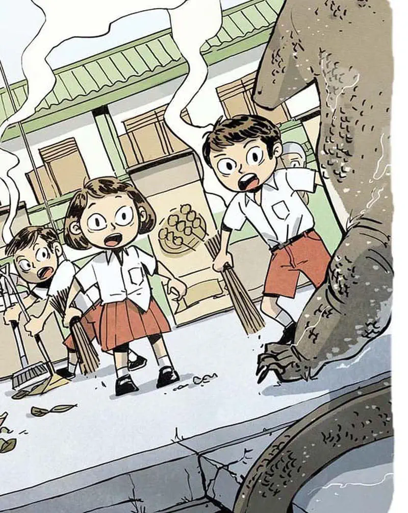 School children in white shirts and red uniforms looking shocked at a giant monitor lizard leg near a drain.