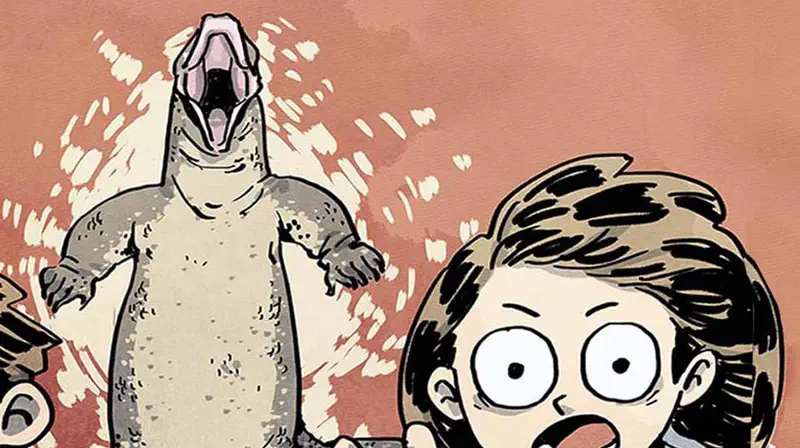 A large monitor lizard with open mouth roaring while a frightened child with wide eyes looks on against a red background.