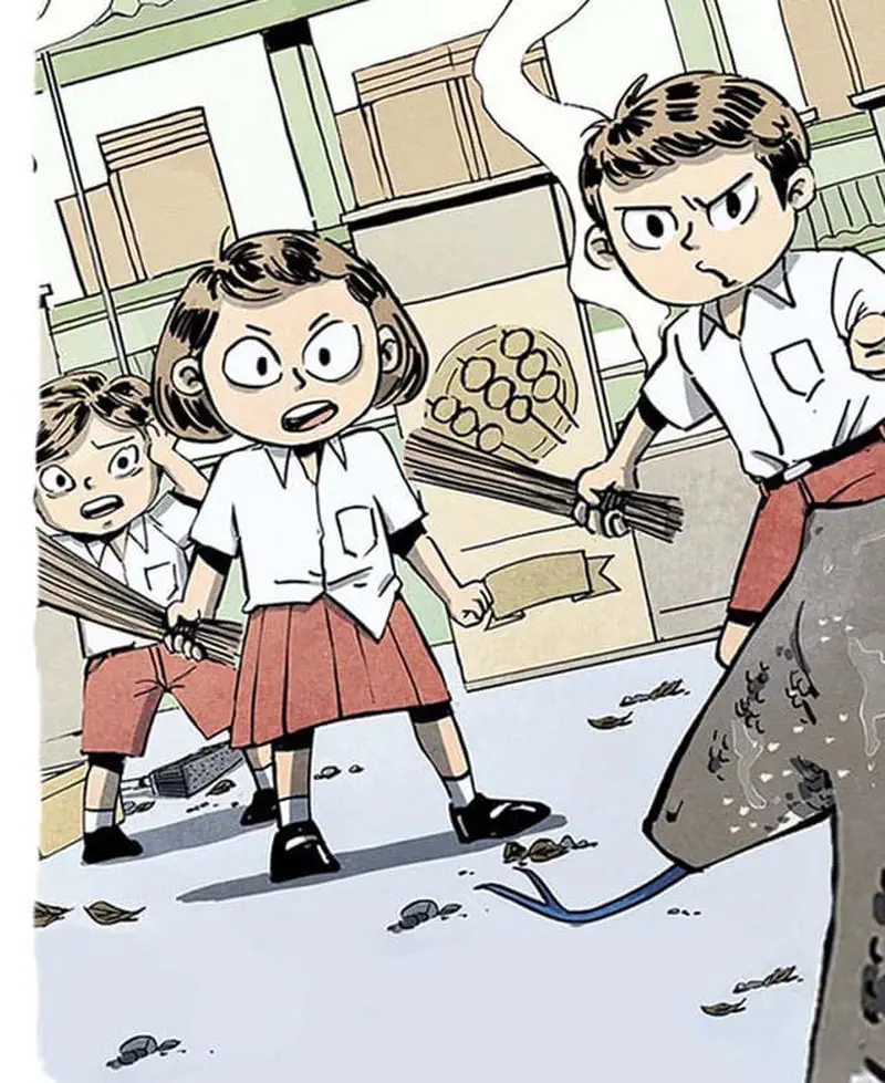 School children holding brooms looking scared as a boy bravely pokes a giant monitor lizard tail with his broom.