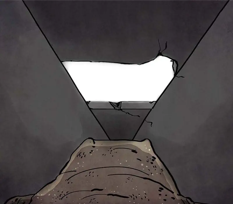 View from inside a dark drain looking up at bright light through a cracked opening with a lizard head visible below.