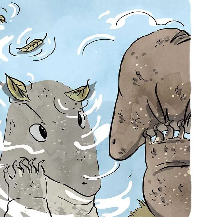 Two monitor lizards swimming in blue water with leaves floating around them, one looking at the other.