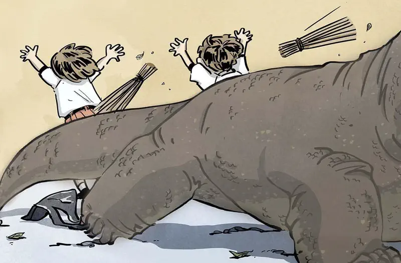 Two children in school uniforms with arms raised in surprise as a huge monitor lizard passes by them.