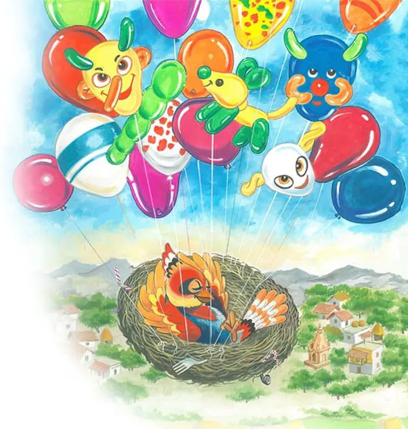 A colorful bird sitting in a nest carried by many bright balloons shaped like animals floating over a village.