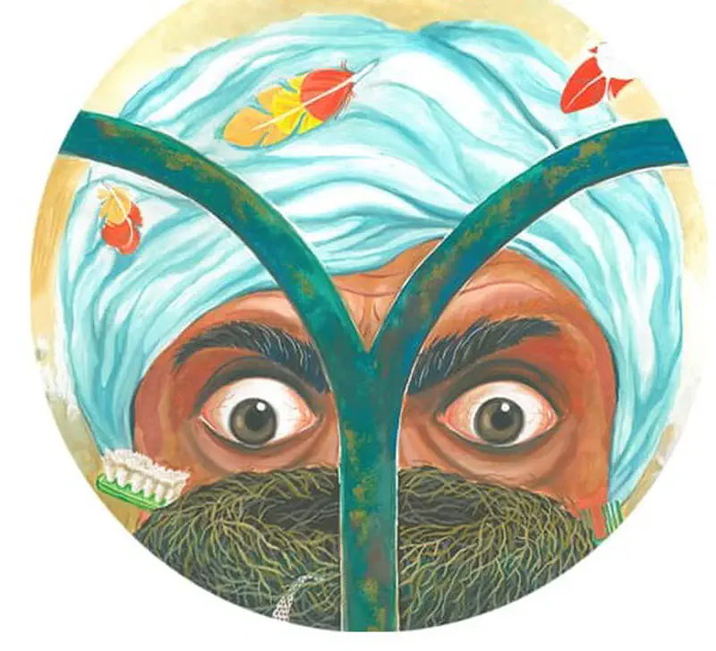 Close-up of a surprised man with a turban and mustache looking up at colorful feathers falling around him.