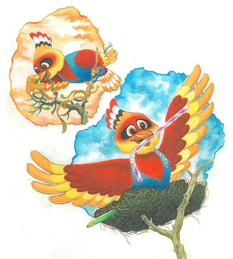 Two scenes of a colorful bird: one eating a worm, another brushing its beak with a straw near its nest.