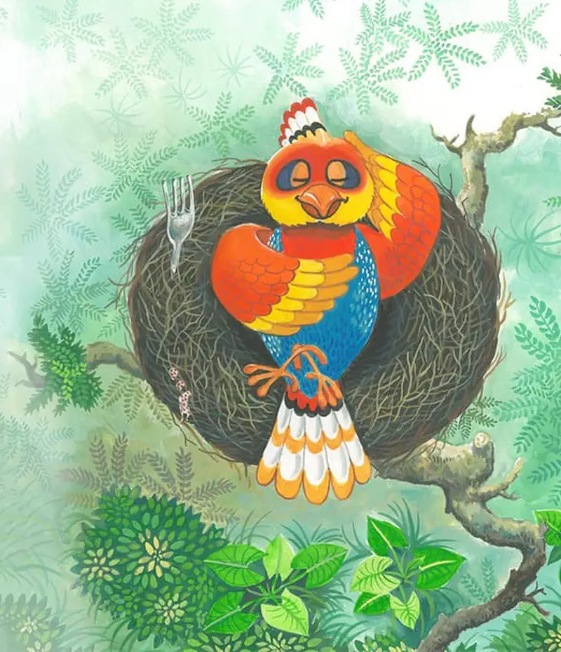 A colorful bird with closed eyes holding a fork standing contentedly in its nest surrounded by green leaves.