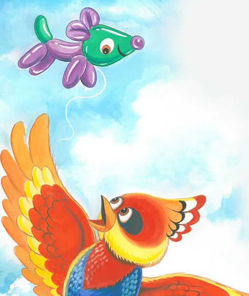 A colorful bird flying with spread wings looking up at a purple and green balloon dog floating in the blue sky.