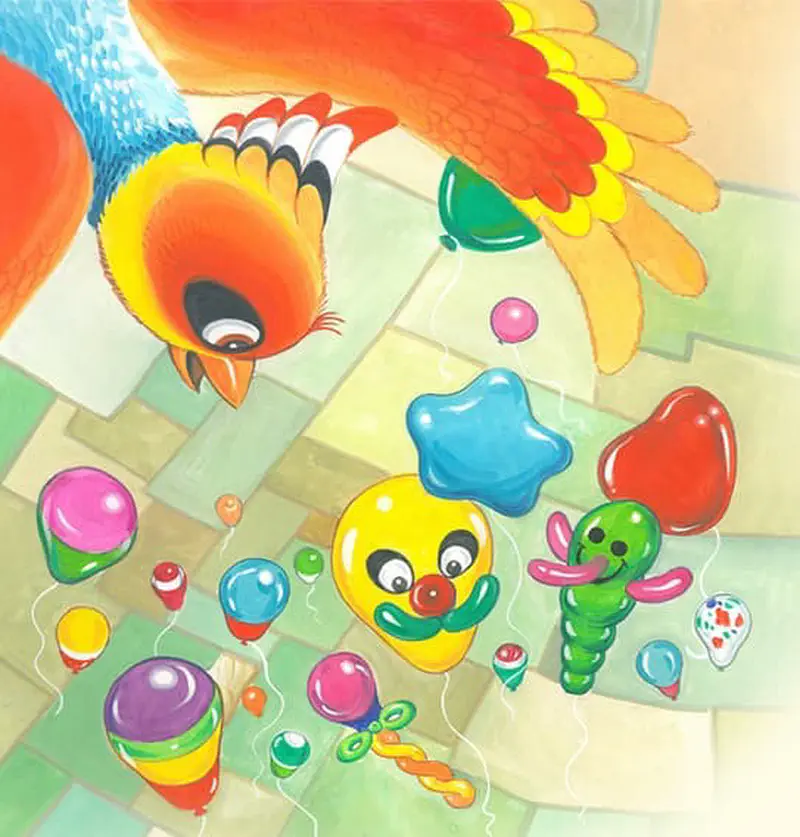 A colorful bird looking down from above at many bright balloons shaped like clowns and animals floating below.