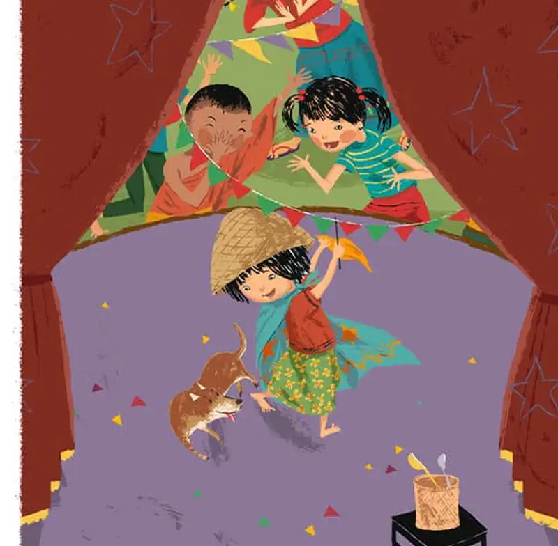 The girl performs on stage wearing a conical hat and cape, waving a magic wand while her dog dances beside her as two children watch from behind the curtain.