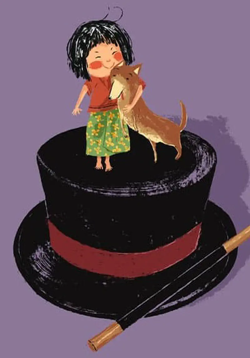 The smiling girl and her dog stand together on top of a large black magician's top hat with a red ribbon and magic wand.