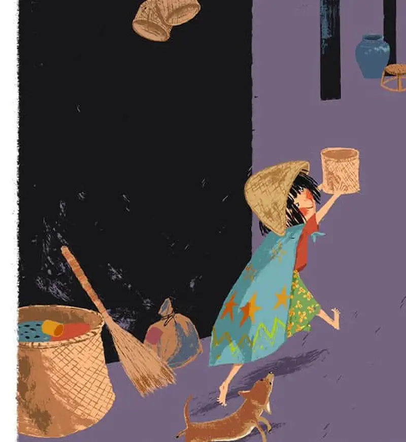 The girl in her cape and hat runs through a room carrying a basket, tossing items in the air while her dog follows, passing baskets and brooms.