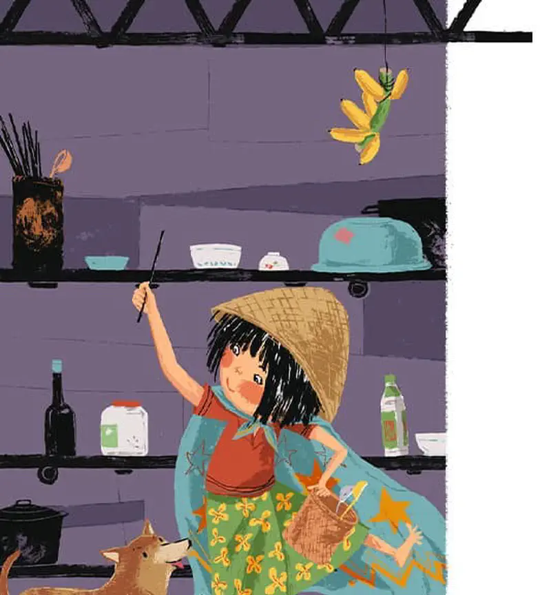 The girl waves her magic wand at bananas hanging from the ceiling in a kitchen with shelves of bowls, bottles, and cooking supplies while her dog watches.