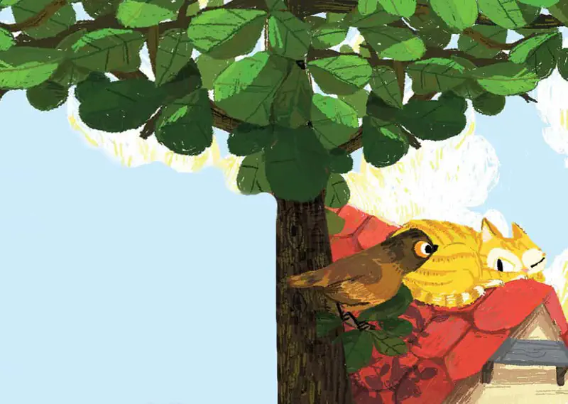 An orange cat sleeps peacefully on a red rooftop while a small brown bird perches nearby, under a leafy green tree against a blue sky.