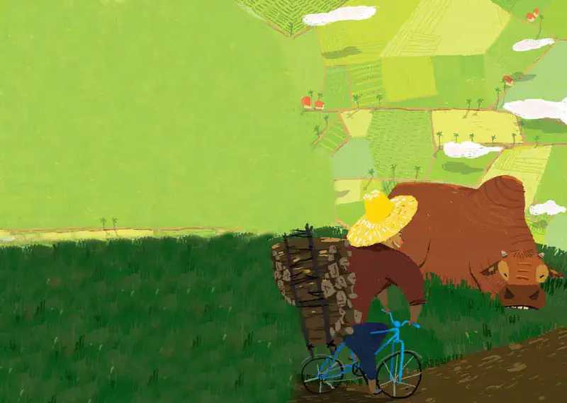 A farmer on a bicycle passes a brown water buffalo grazing in green rice paddies, with colorful patchwork fields stretching into the distance.