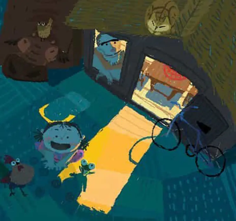 Nighttime scene with a happy child lying on a yellow mat outside a house, surrounded by forest animals including a bear, owl, frog, and rooster.
