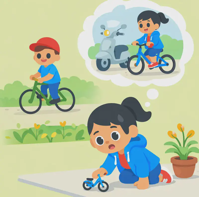 On the right side of the image, Girl is kneeling on a sidewalk, leaning forward with a wistful expression as she plays with a small toy bike on the ground, next to a potted plant with yellow flowers. In the center-left background, Dad rides a full-sized bicycle along a road past a suburban yard with green plants, wearing his red baseball cap and light blue polo shirt, looking calm and focused as he heads off. Above, a thought bubble from Girl shows her imagining herself riding a real bike alongside a scooter, with a determined, hopeful expression.