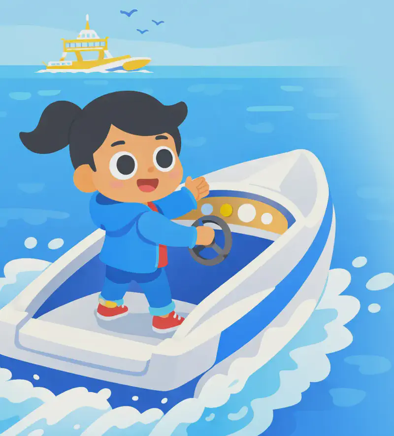 On the left side of the image, Girl stands at the helm of a white-and-blue speedboat, shown from a three-quarter angle, with a determined pose as she steers through choppy ocean waves, one hand raised toward the dashboard controls. She is heading toward a large ship visible in the upper-left distance, with birds flying overhead against a bright daytime sky. The right side of the image is open water and sky, providing clear space for text overlay.