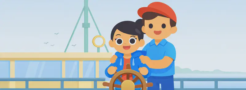 In the lower half of the image, Girl and Dad stand together inside the bridge of a large ship. Girl is in front, gripping a wooden ship's wheel with both hands, smiling proudly. Dad stands directly behind her, wearing his red baseball cap and light blue polo shirt, also smiling warmly, with his hands gently resting near her shoulders in a supportive pose. The ship's bridge features metal railings, a mast with rigging, and a round porthole-style mirror. The upper half is open sky with soft clouds and a few distant seagulls, with a calm misty waterfront visible in the background.