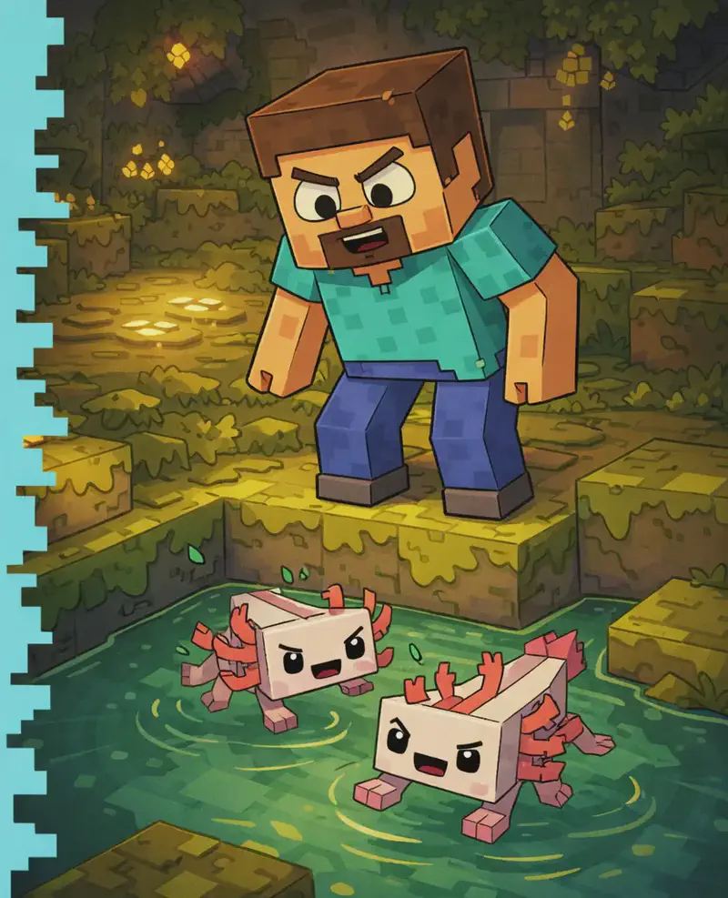 On the right side of the image, Steve stands at the edge of a small pool in an underground lush cave biome, looking down with curiosity at Axolotl swimming in the water below. The cave is dimly lit by glowing light sources scattered nearby, with lush green moss and vegetation covering the rocky walls and ground. Axolotl is floating in the shallow pool alongside a second axolotl, both paddling gently in the water.