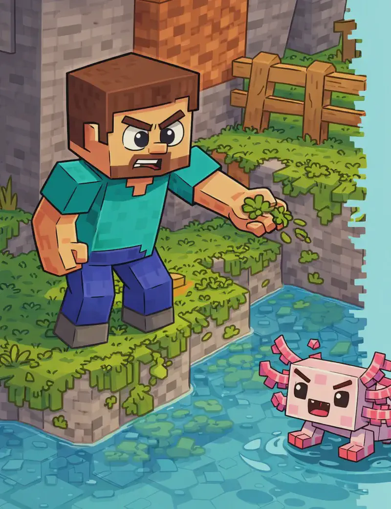 On the left side of the image, Steve stands at the edge of a pond, tossing handfuls of moss onto the rocks and dirt around the water with a focused expression. The pond is bordered by grass and stone blocks, with patches of fresh green moss growing on the rocks nearby. A wooden fence is visible in the upper-left background. Axolotl swims in the shallow water nearby to Steve's left, gliding through the soft, cool flow. The right ~40% of the image is plain light blue/teal background, clear for text overlay.