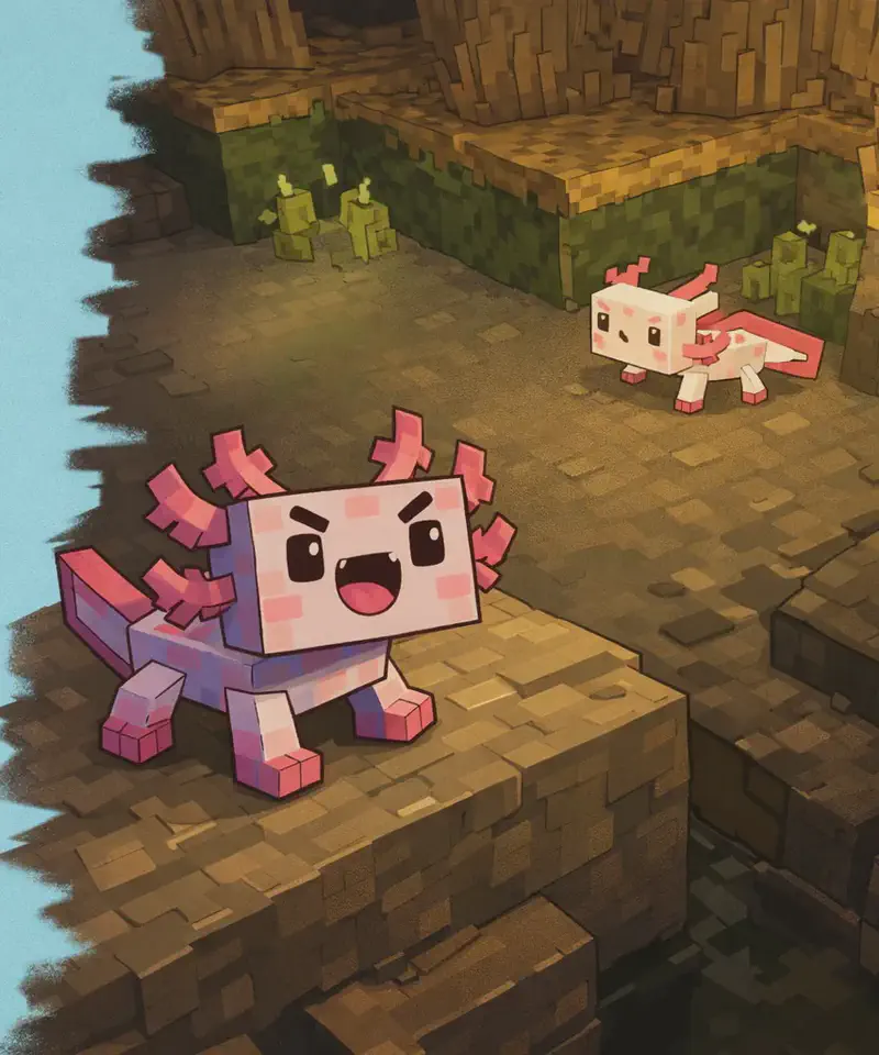 On the right side of the image, Axolotl stands on a rocky ledge inside a dimly lit cave, grinning excitedly toward a newly appeared white axolotl nearby. The cave environment features stone and dirt blocks with small patches of vegetation, viewed from a slightly elevated angle. The left side is plain light blue background for text overlay.