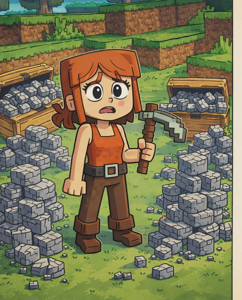 Jill stands on the left side of the image in an outdoor grassy Minecraft landscape, facing the viewer with a worried, slightly overwhelmed expression. She has shoulder-length auburn hair with a side-swept fringe, large round dark eyes, and light skin. She wears a bright orange sleeveless top with a brown belt, dark brown pants, and brown boots, and holds a gray-and-brown pickaxe in her right hand. Scattered around her on the ground are tall stacks of cobblestone blocks piled haphazardly, reinforcing the problem of having too much mined stone. Behind her, two large wooden chests sit overflowing with blocks, their lids propped open and items spilling out. The scene is set in bright daylight on a green hillside with terraced dirt and grass blocks rising in the background. The right ~40% of the image is a plain parchment-style text panel.