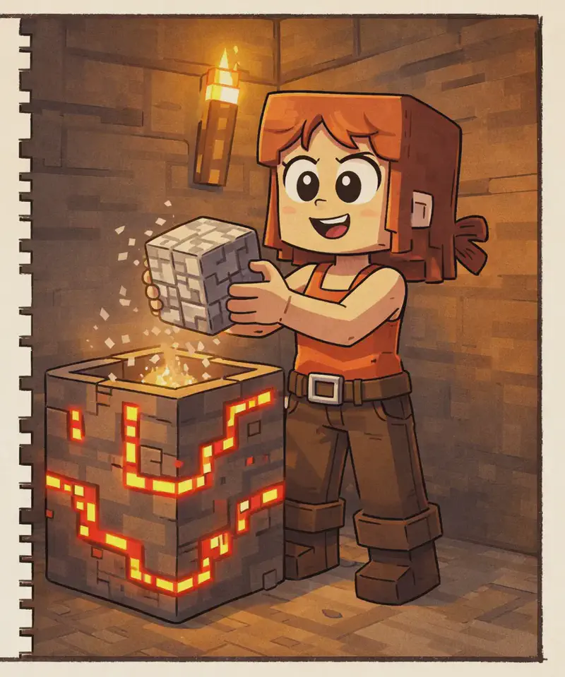 On the right side of the image, Jill stands in her underground workshop beside her completed stone-disposal bin — a boxy redstone contraption humming with glowing redstone trails along its surface. Jill has shoulder-length auburn hair, a bright orange sleeveless top with a brown belt, dark brown pants, and brown boots. She holds a cobblestone block in both hands, placing it into the top of the bin with a proud, triumphant smile. A faint particle effect around the bin suggests the cobblestone is vanishing as it enters. The room is warmly lit by a torch mounted on the stone and wood block wall above her, creating a cozy interior glow. The left side of the image is a plain blank panel reserved for text.