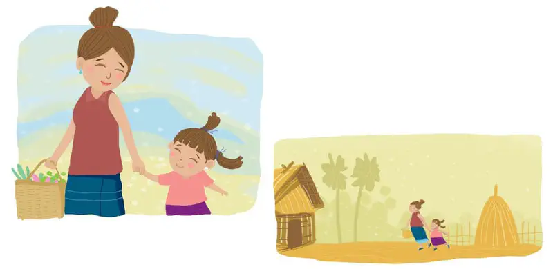 A mother with a hair bun holds her daughter's hand while carrying a basket, and a smaller scene shows them walking together through a village with thatched huts.