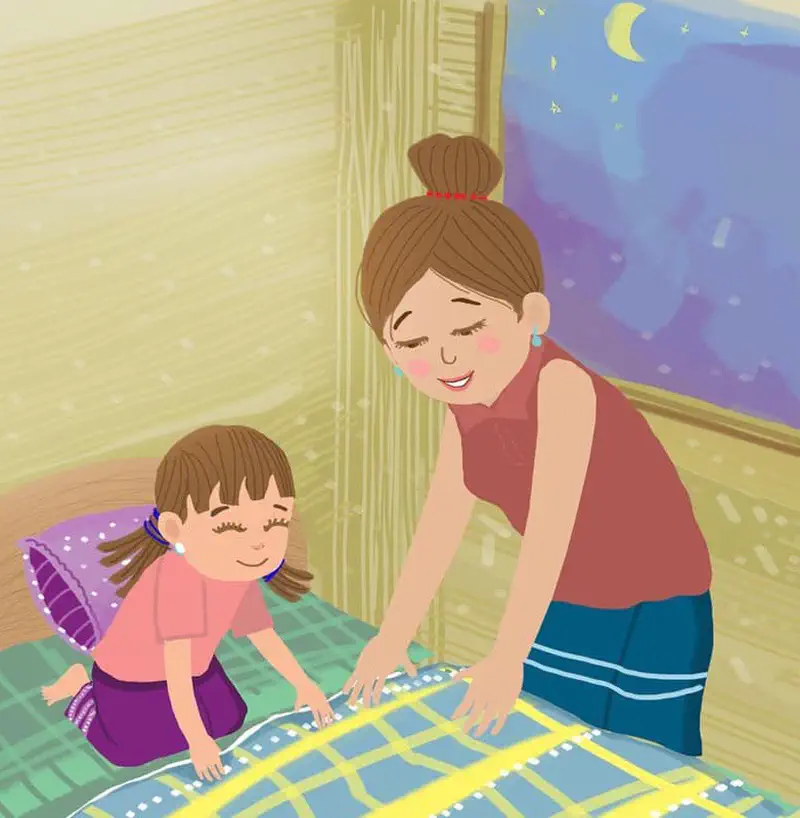 A mother and daughter make the bed together at night, smoothing out a colorful plaid blanket with a crescent moon visible through the window.